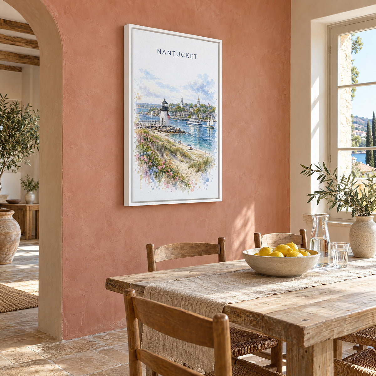 Nantucket watercolor print as a white floater canvas on a terracotta wall above a rustic dining table