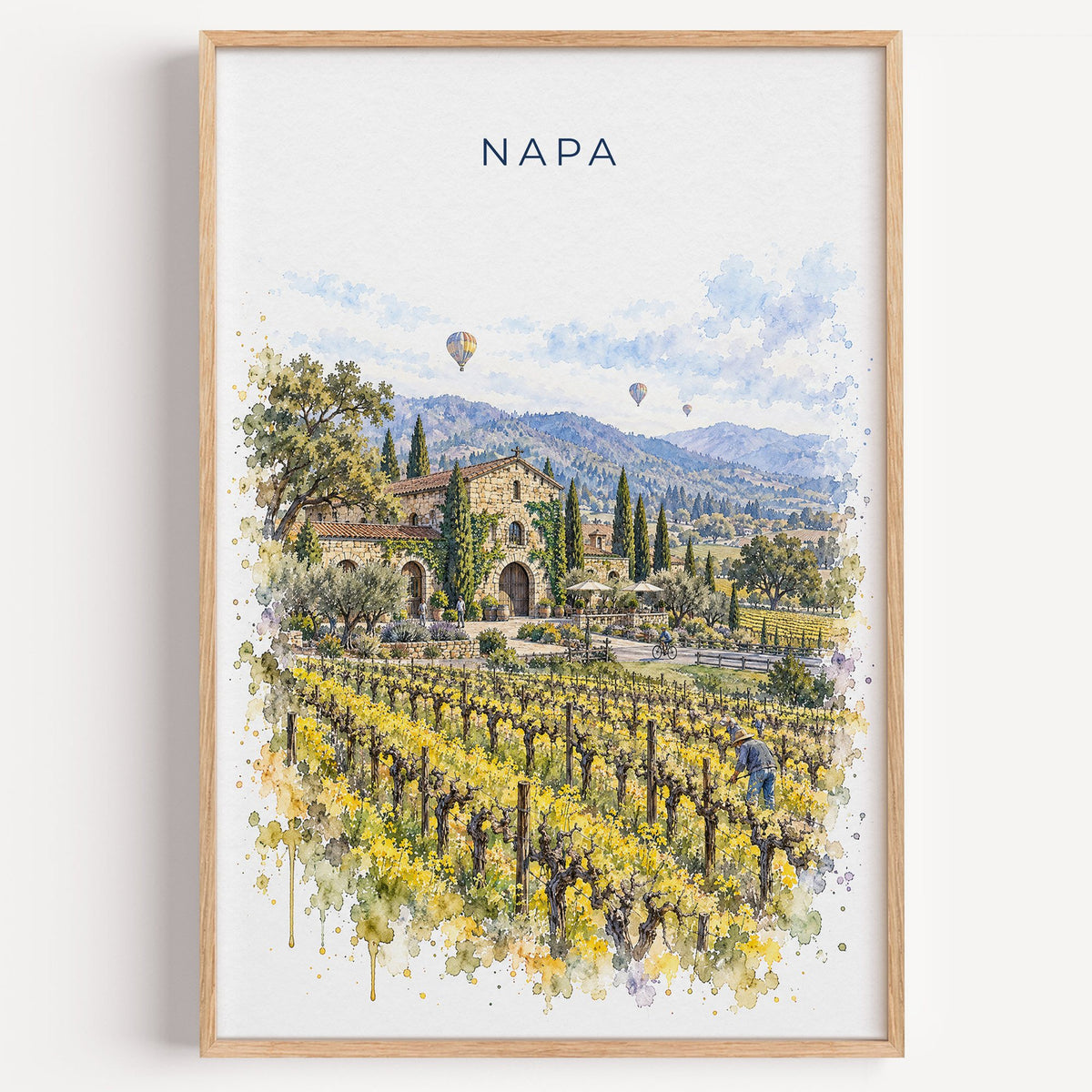 Napa watercolor print in a light oak frame on a plain white wall