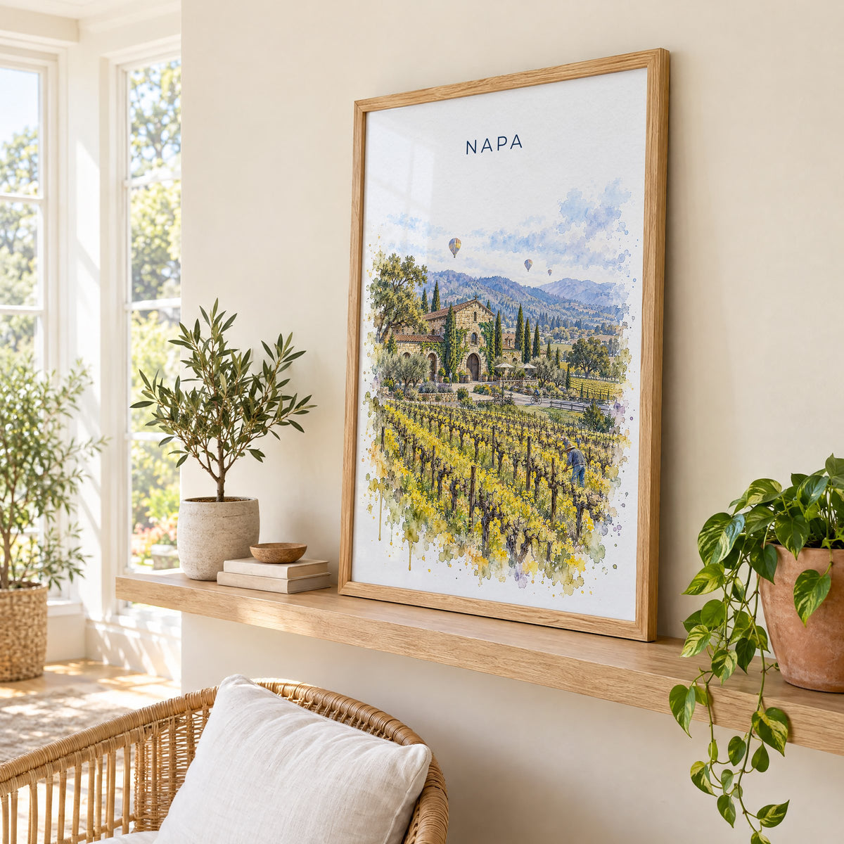 Napa watercolor print in an oak frame on a picture ledge in a sunlit sunroom