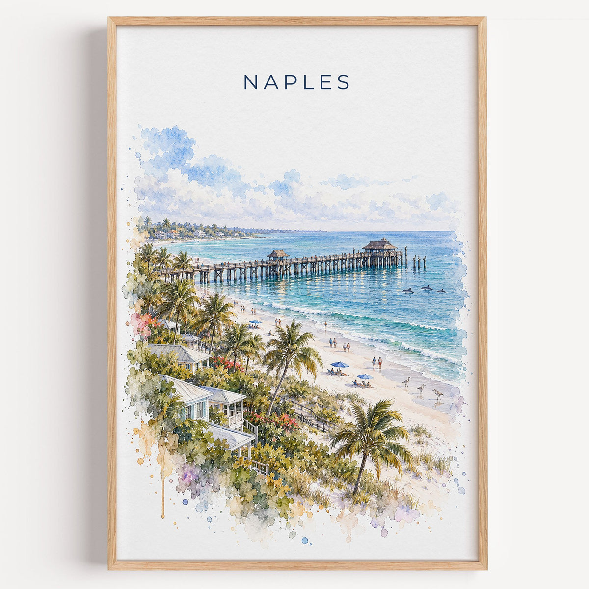 Naples, Florida watercolor print in a light oak frame on a plain white wall