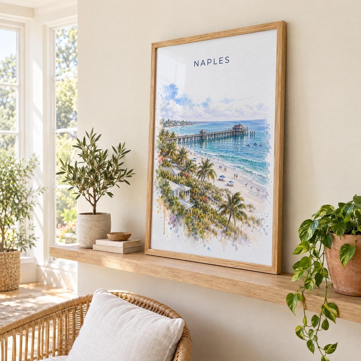 Naples, Florida watercolor print in an oak frame on a picture ledge in a sunlit sunroom