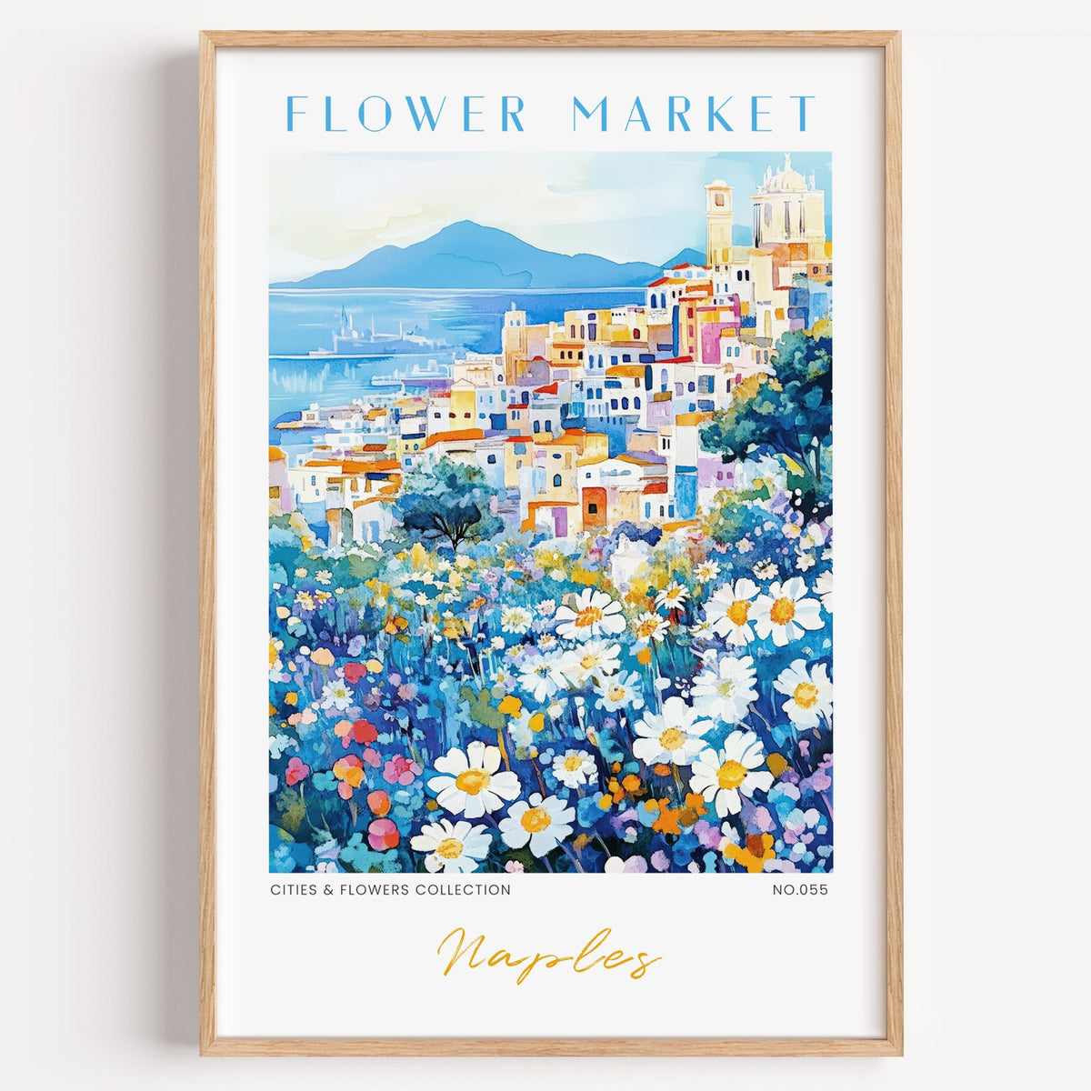Naples flower market print in a light oak frame on a plain white wall