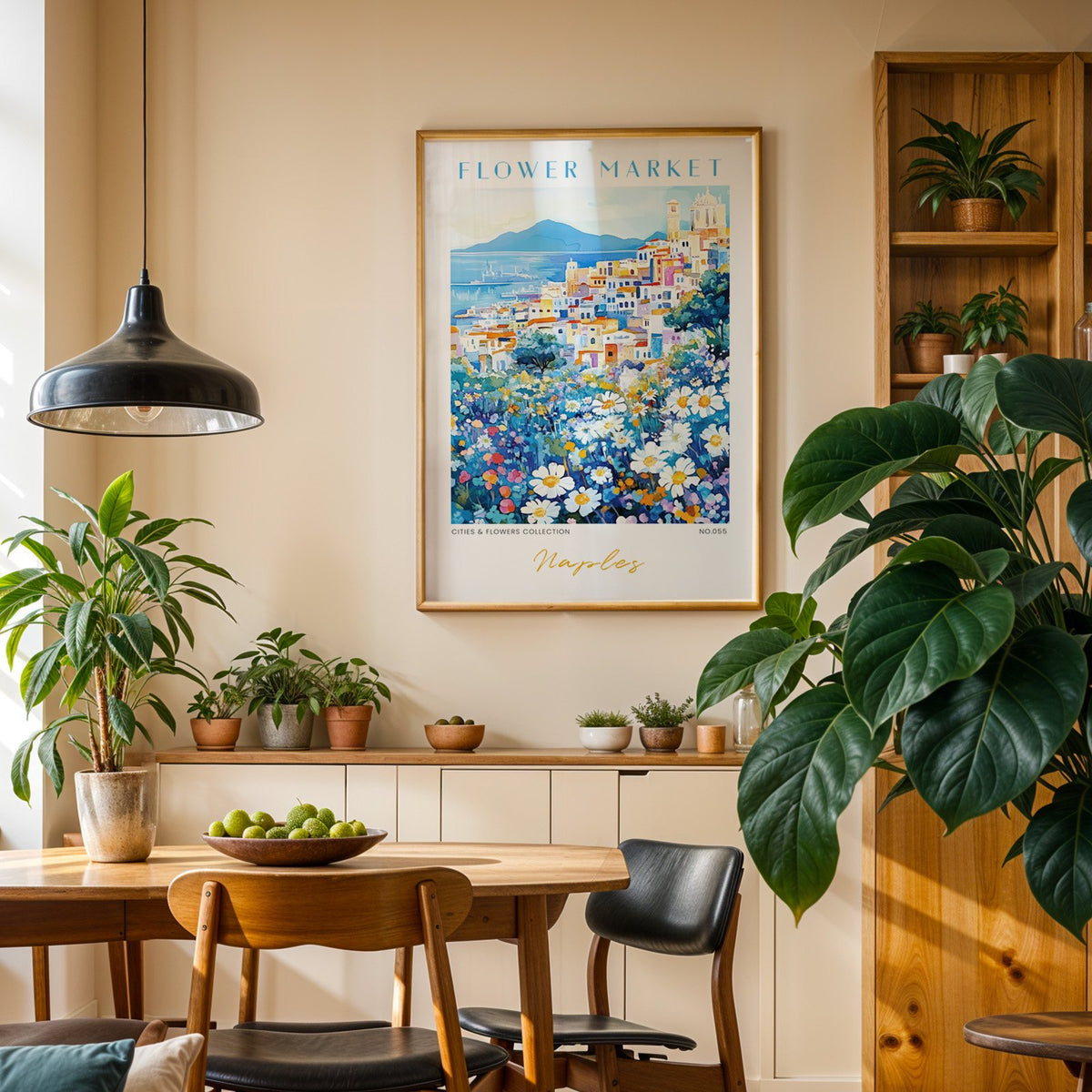 Naples flower market print in an oak frame above a dining sideboard lined with potted plants