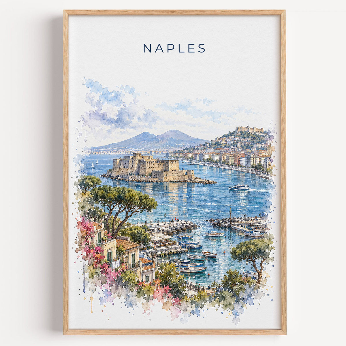 Naples, Italy watercolor print in a light oak frame on a plain white wall