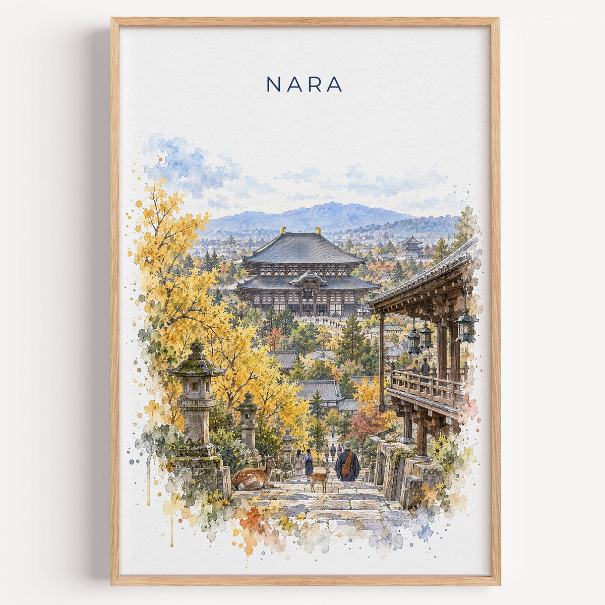 Nara watercolor print in a light oak frame on a plain white wall