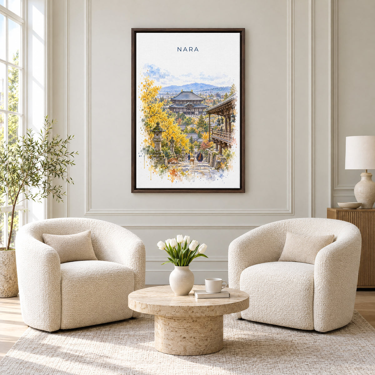 Nara watercolor print as an espresso floater canvas above two boucle armchairs in a hotel lounge
