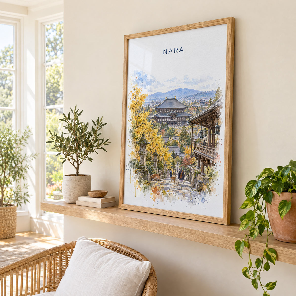 Nara watercolor print in an oak frame on a picture ledge in a sunlit sunroom