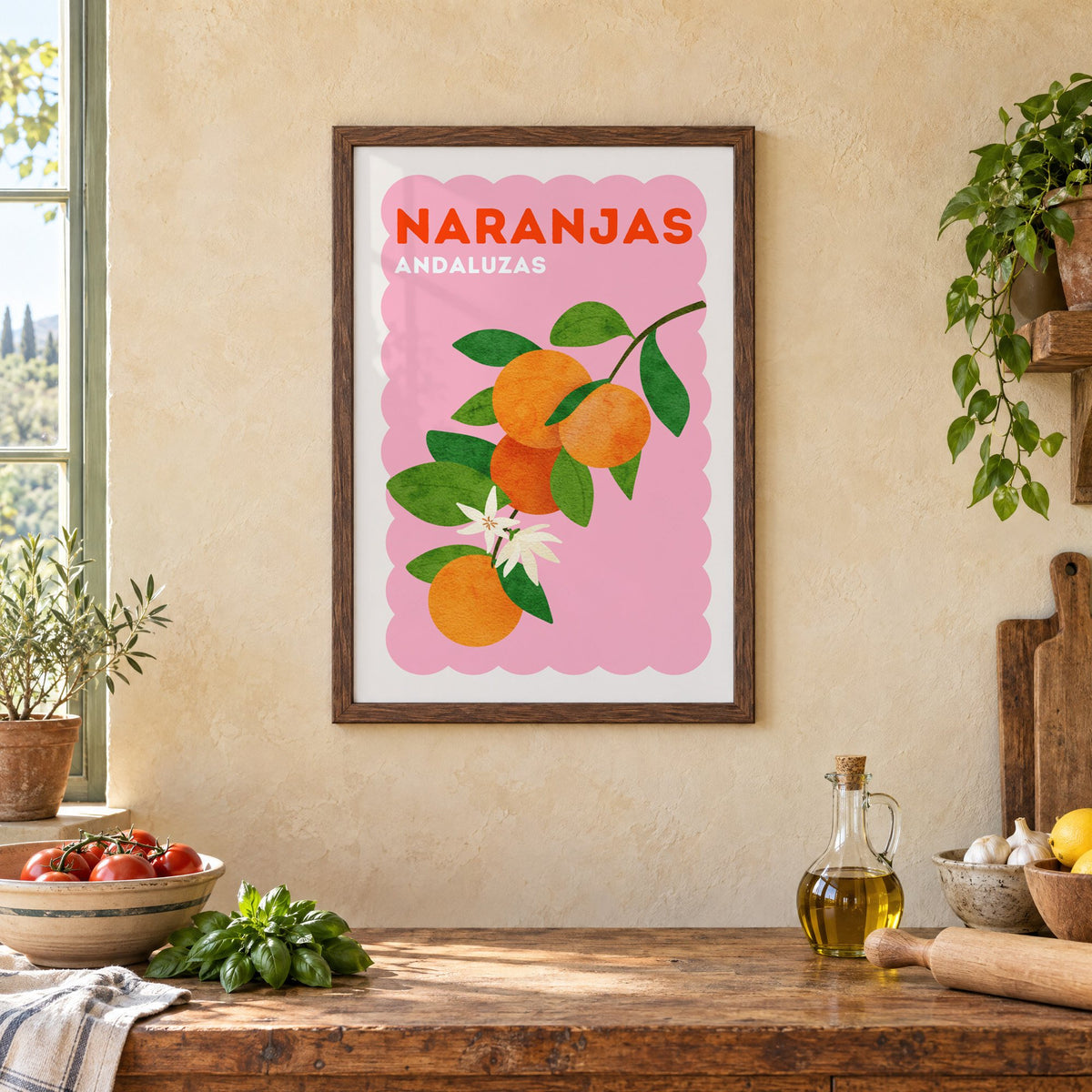 Naranjas Andaluzas orange branch print in a walnut frame above a rustic Italian kitchen table with tomatoes
