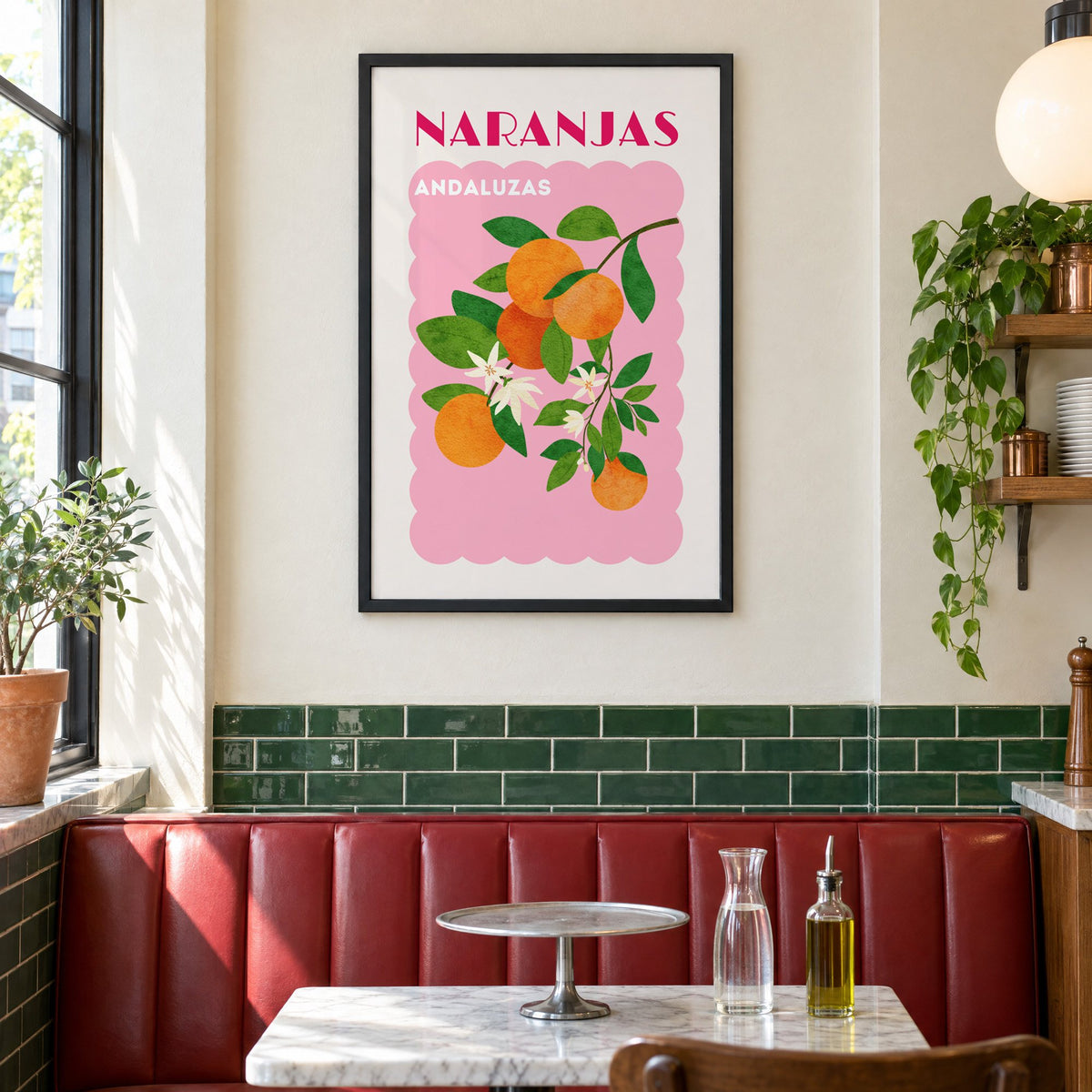 NARANJAS ANDALUZAS orange branch print in a black frame above a red leather booth in a sunny pizzeria