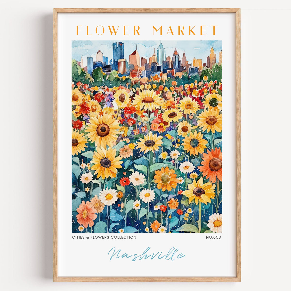 Nashville flower market print in a light oak frame on a plain white wall