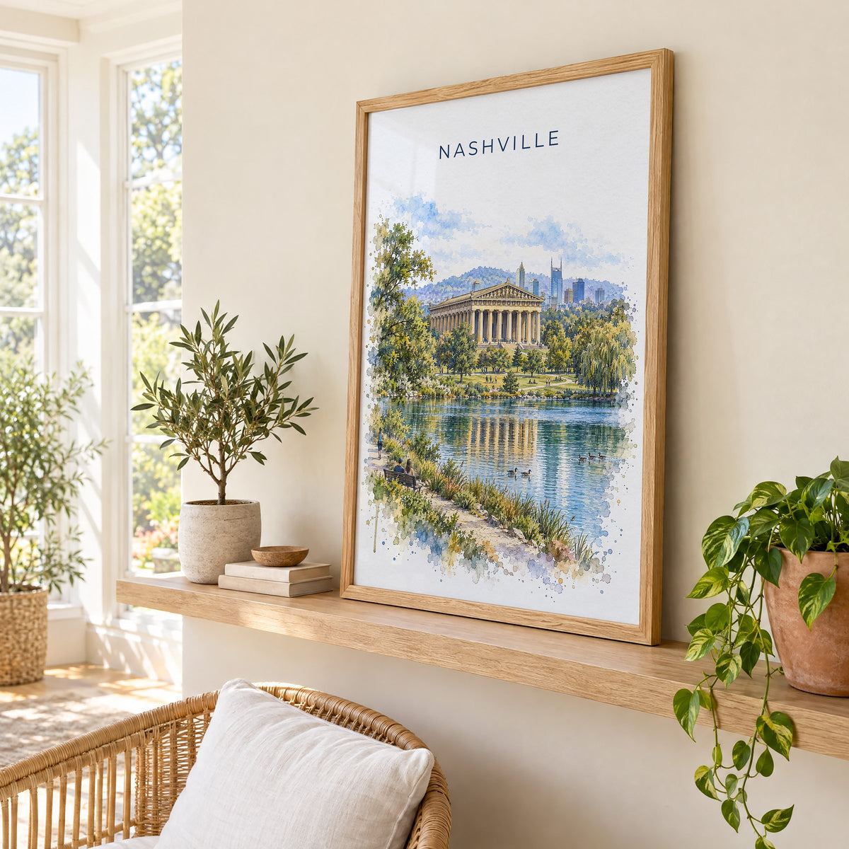 Nashville Parthenon watercolor print in an oak frame on a picture ledge in a sunlit sunroom