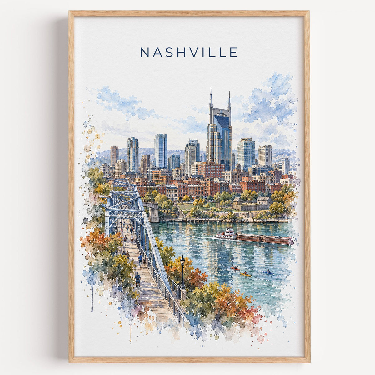 Nashville watercolor print in a light oak frame on a plain white wall