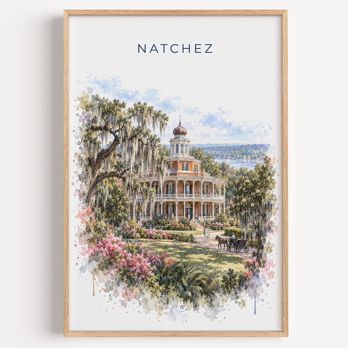 Natchez watercolor print in a light oak frame on a plain white wall