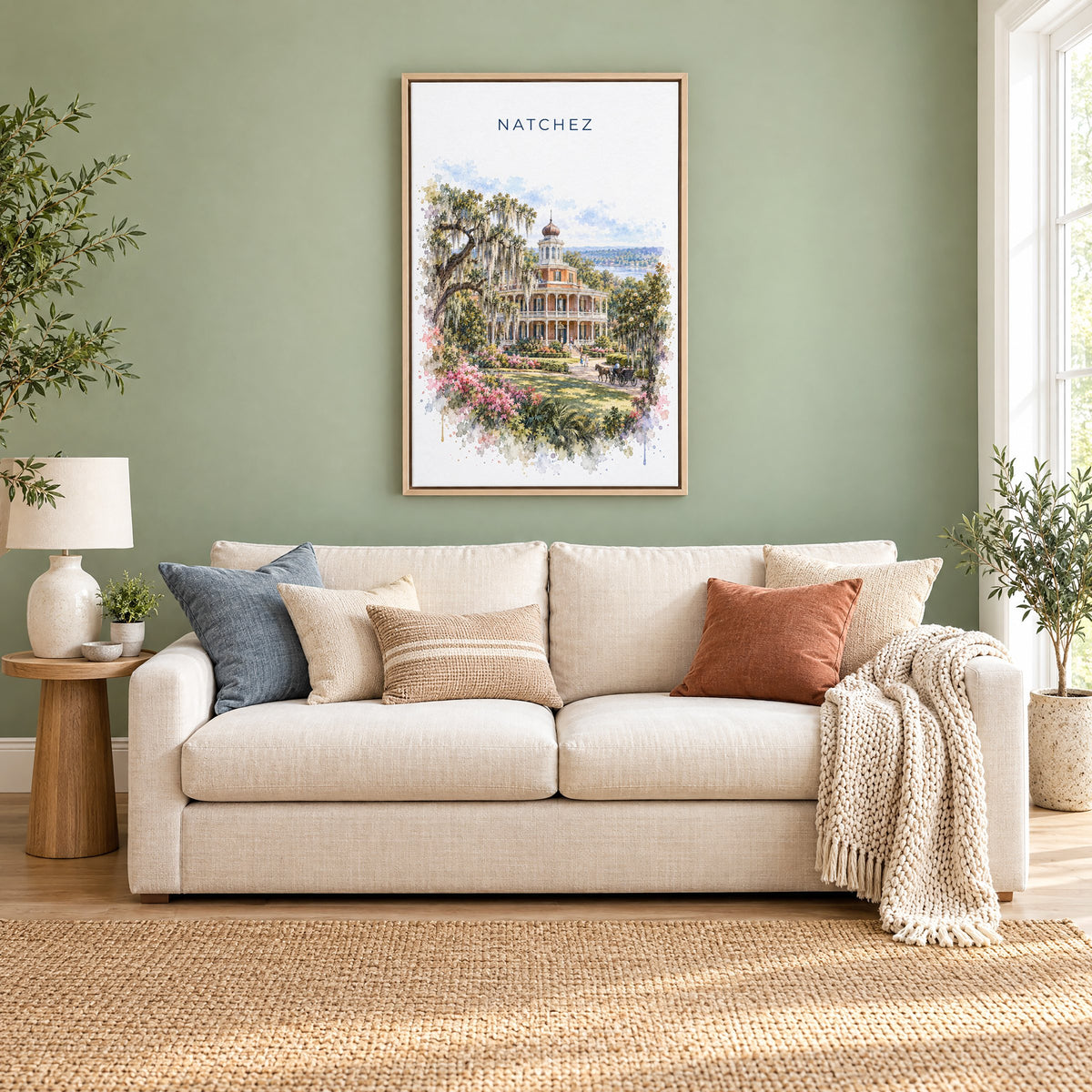 Natchez watercolor print as a natural floater canvas above a cream linen sofa on a sage green wall