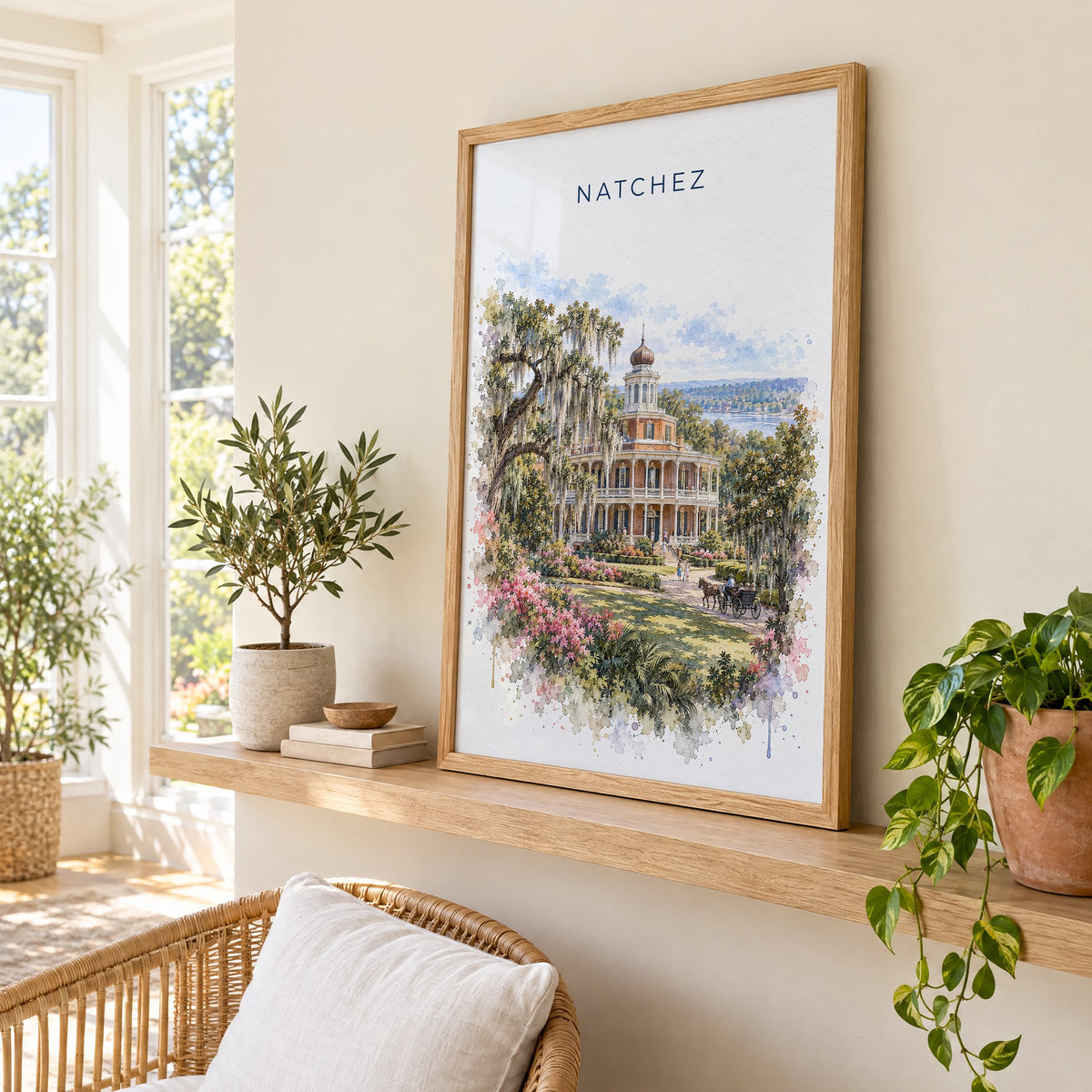 Natchez watercolor print in an oak frame on a picture ledge in a sunlit sunroom