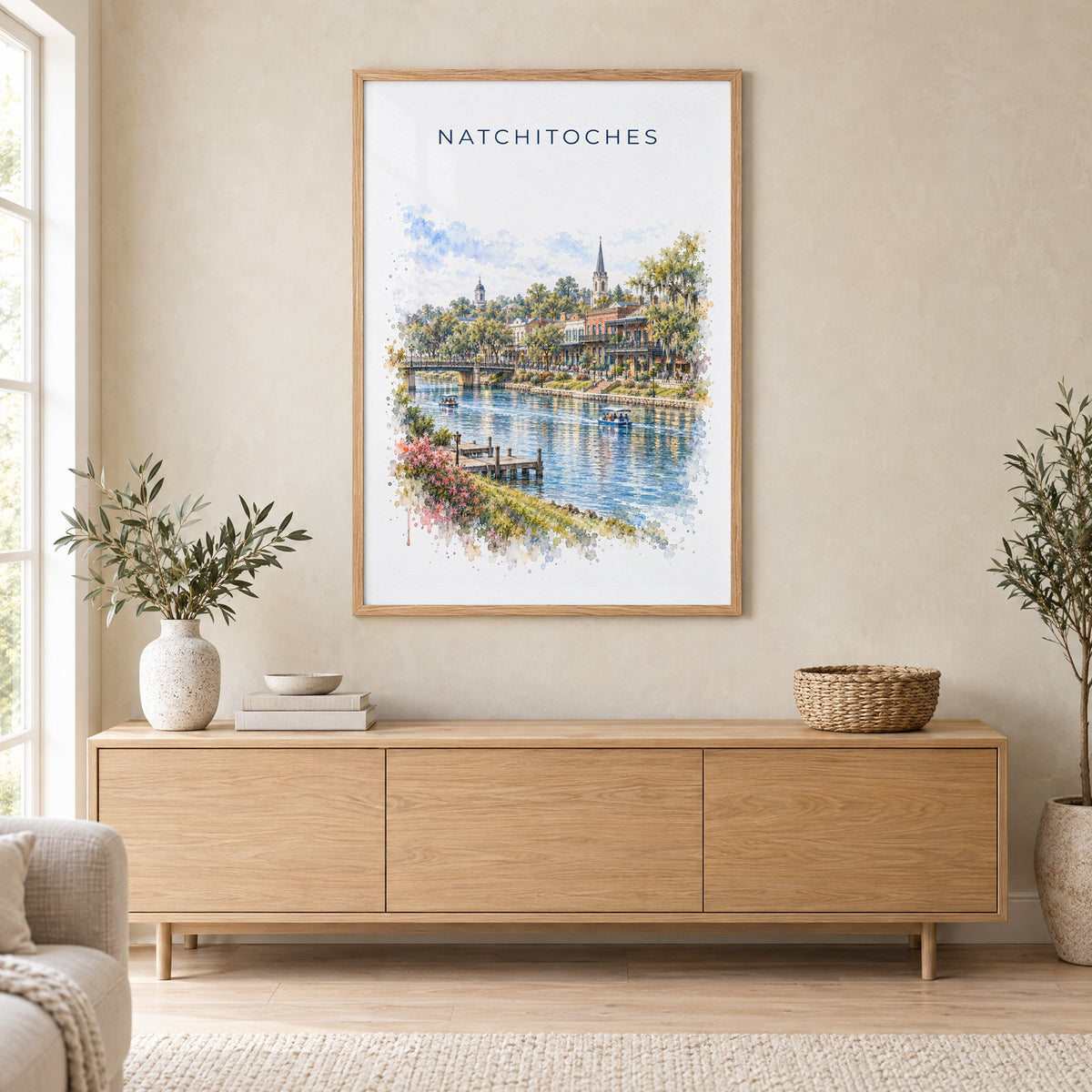 Natchitoches, Louisiana watercolor print in an oak frame above a light wood sideboard in a Scandinavian living room