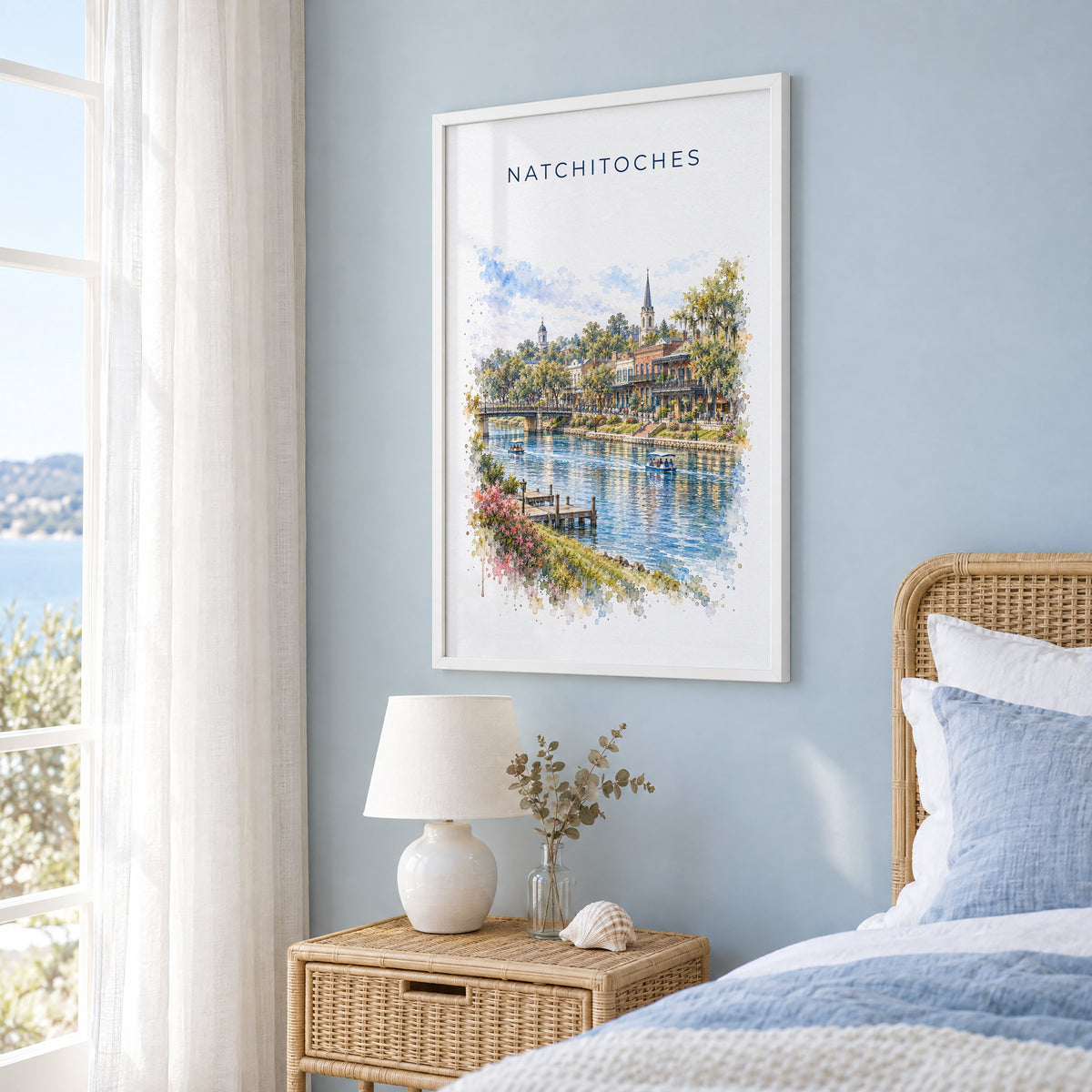 Natchitoches, Louisiana watercolor print in a white frame on a pale blue wall beside a rattan bed in a coastal bedroom