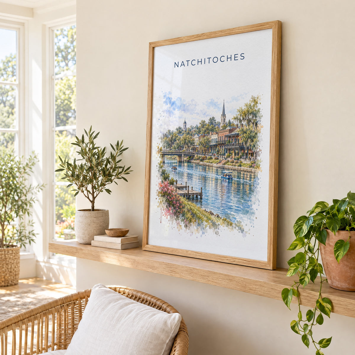 Natchitoches, Louisiana watercolor print in an oak frame on a picture ledge in a sunlit sunroom