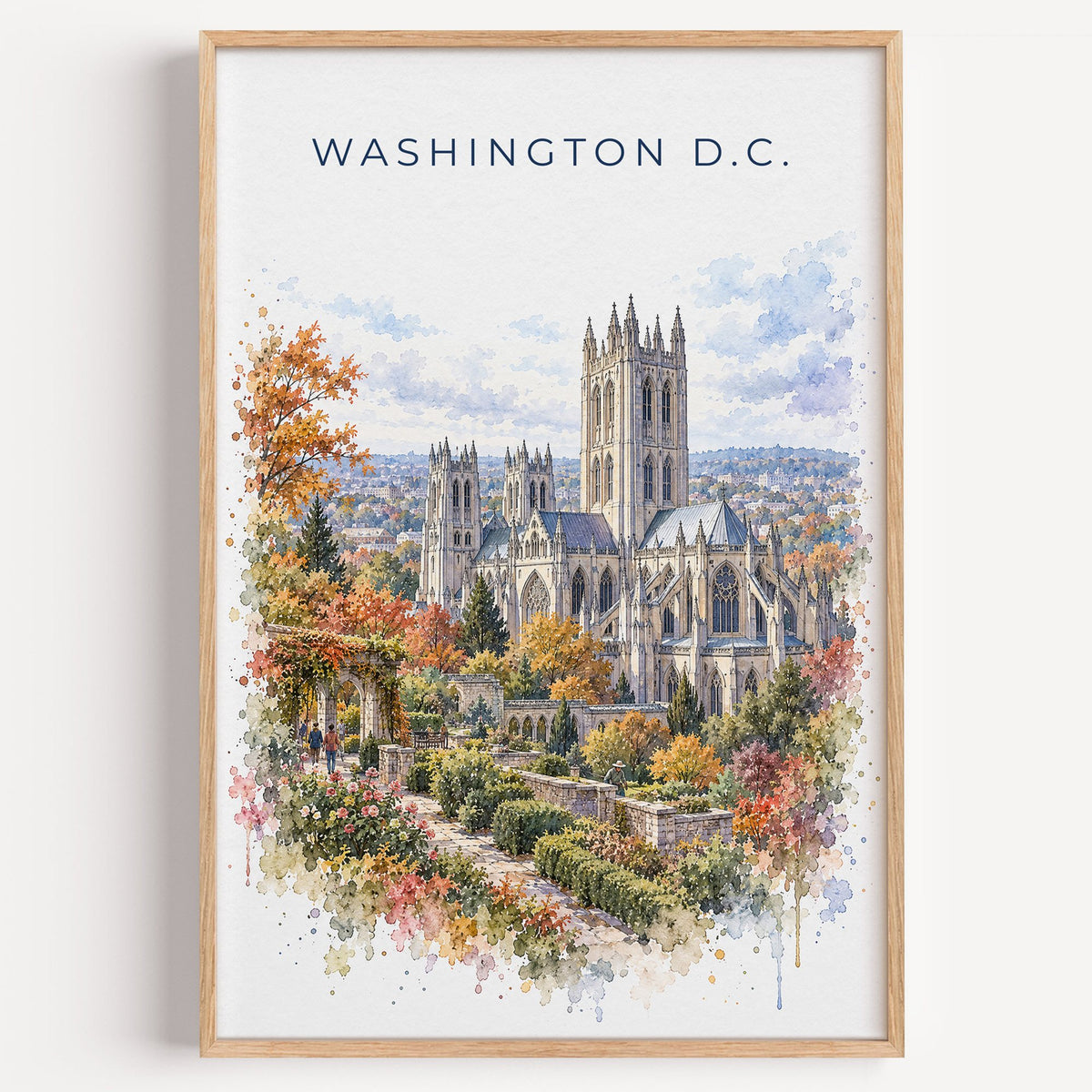 Washington National Cathedral watercolor print in a light oak frame on a plain white wall