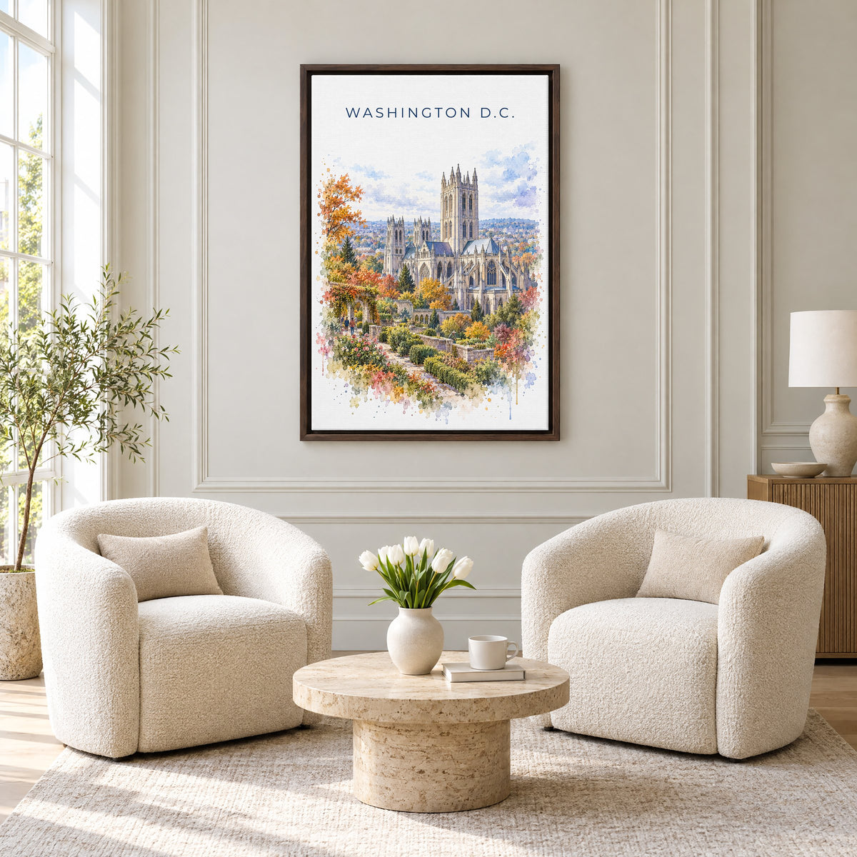 Washington National Cathedral watercolor print as an espresso floater canvas above two boucle armchairs in a hotel lounge