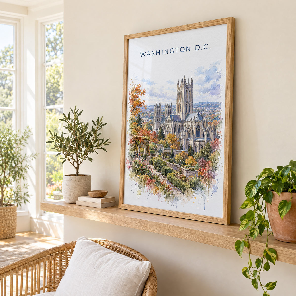 Washington National Cathedral watercolor print in an oak frame on a picture ledge in a sunlit sunroom
