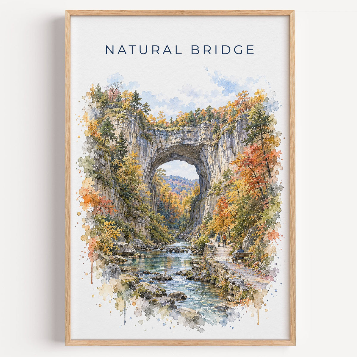Natural Bridge, Virginia watercolor print in a light oak frame on a plain white wall