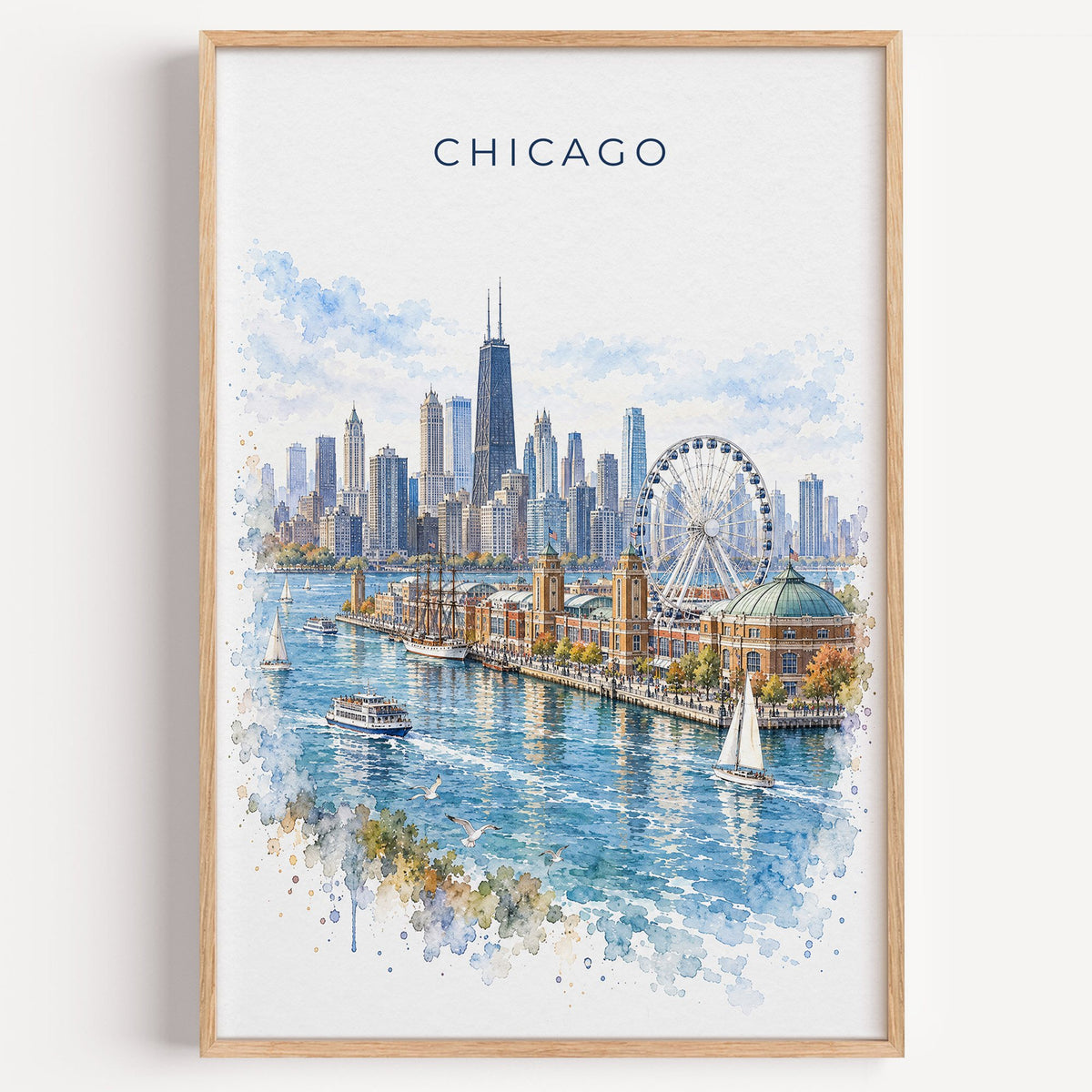 Navy Pier Chicago watercolor print in a light oak frame on a plain white wall