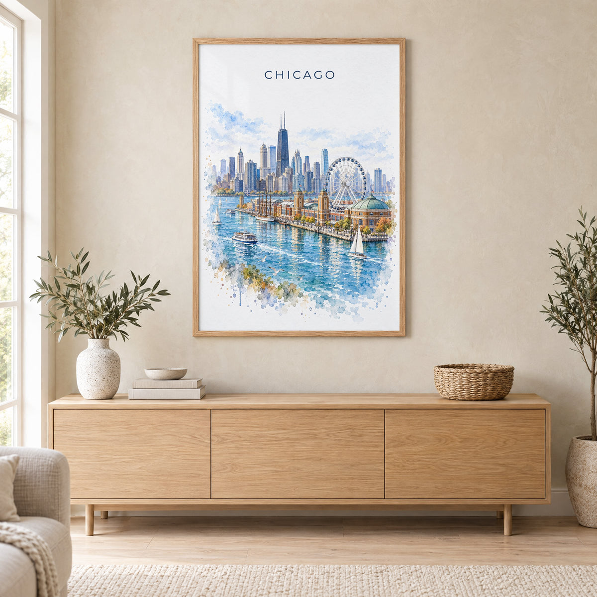 Navy Pier Chicago watercolor print in an oak frame above a light wood sideboard in a Scandinavian living room