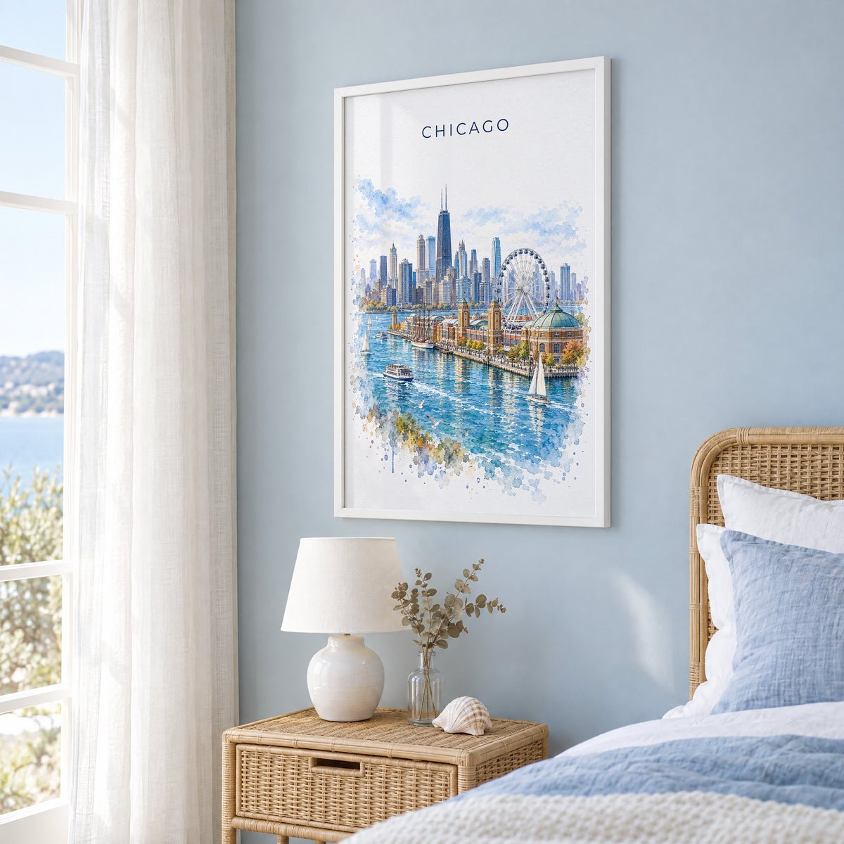 Navy Pier Chicago watercolor print in a white frame on a pale blue wall beside a rattan bed in a coastal bedroom