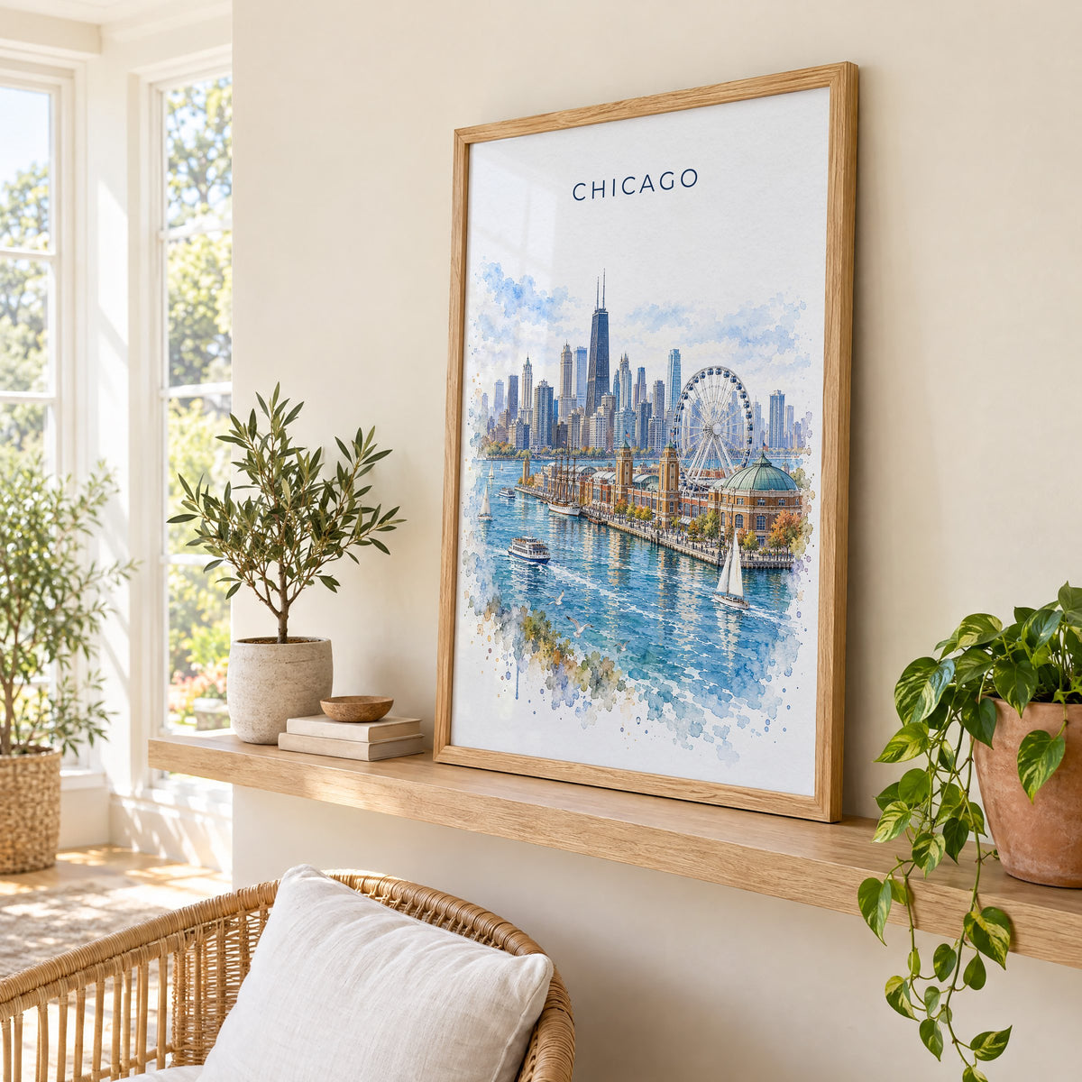 Navy Pier Chicago watercolor print in an oak frame on a picture ledge in a sunlit sunroom