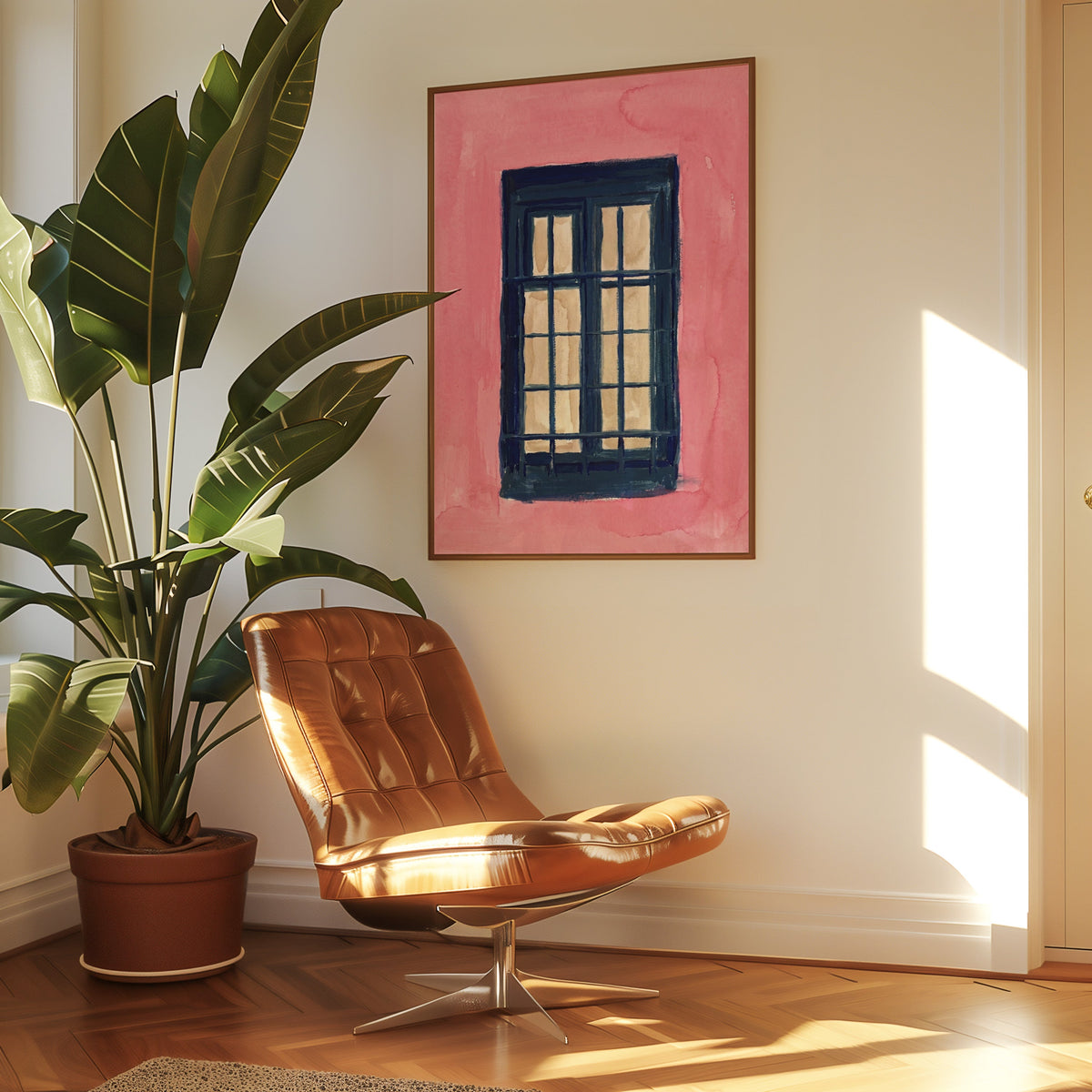 Architectural window print in a slim walnut frame above a tan leather lounge chair