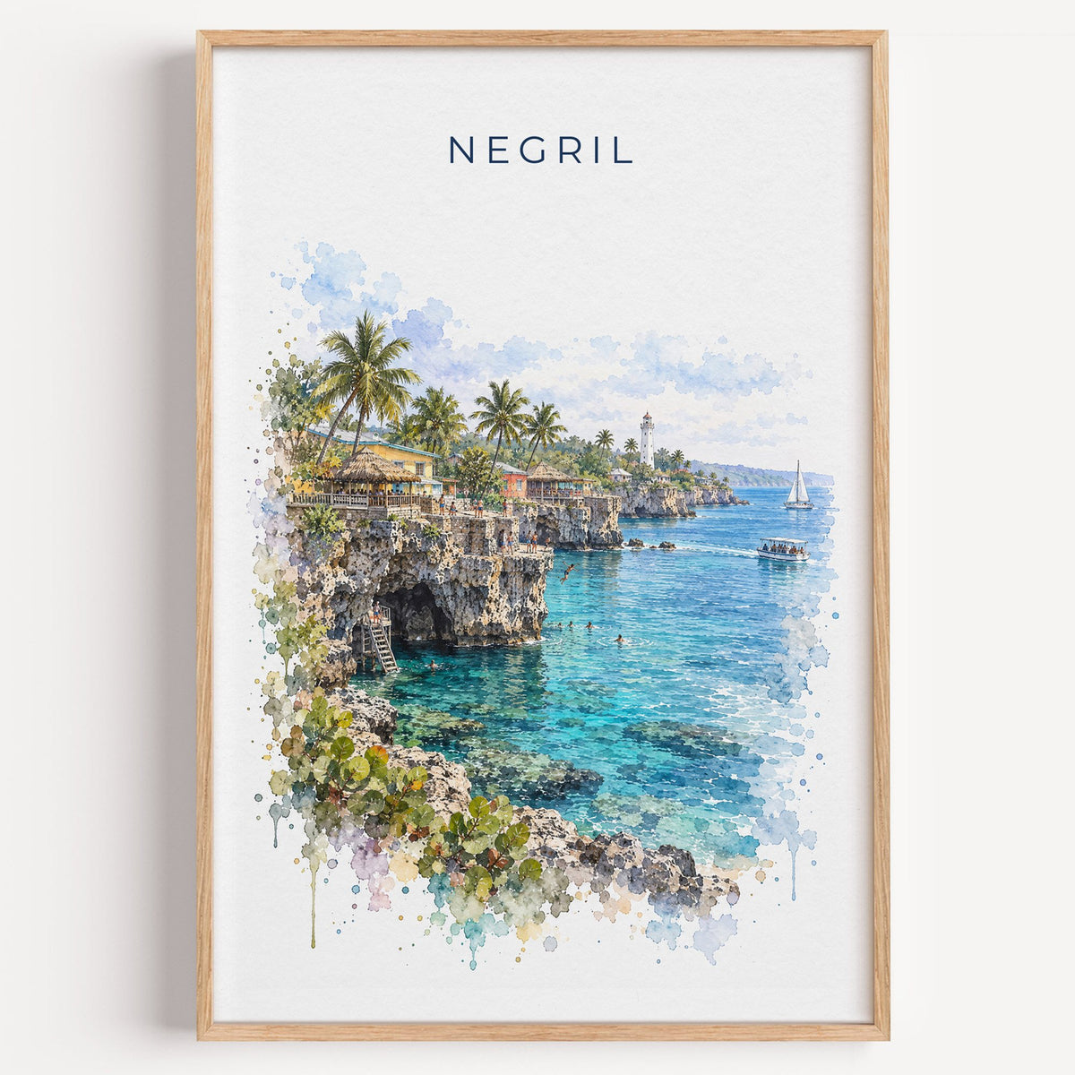 Negril watercolor print in a light oak frame on a plain white wall