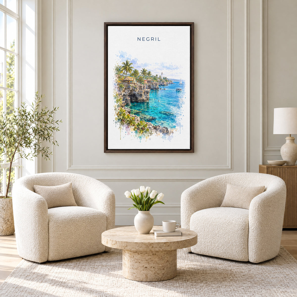 Negril watercolor print as an espresso floater canvas above two boucle armchairs in a hotel lounge
