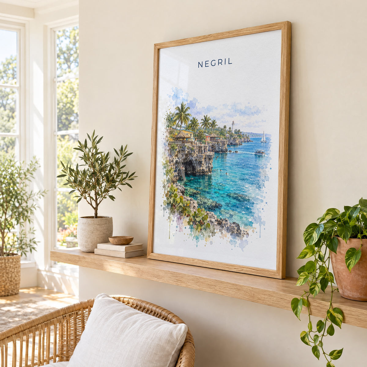 Negril watercolor print in an oak frame on a picture ledge in a sunlit sunroom