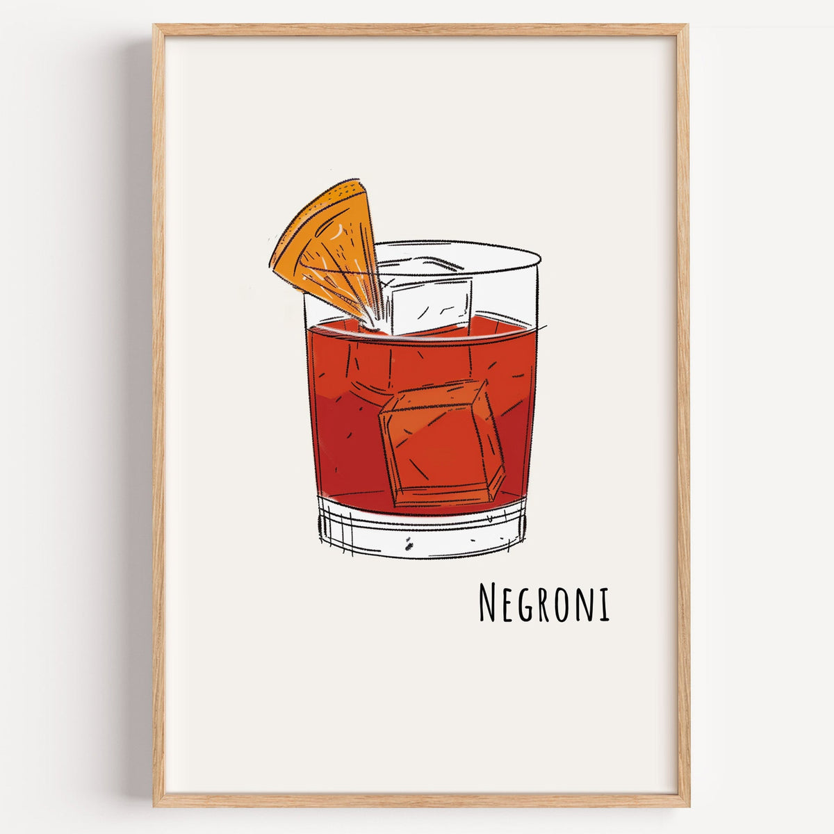 Negroni red line print in a light oak frame on a plain white wall