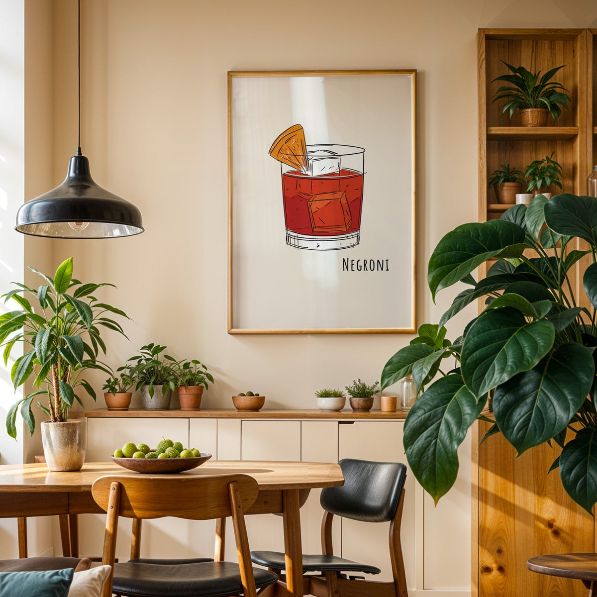 Negroni line print in an oak frame in a dining room above a plant-lined sideboard