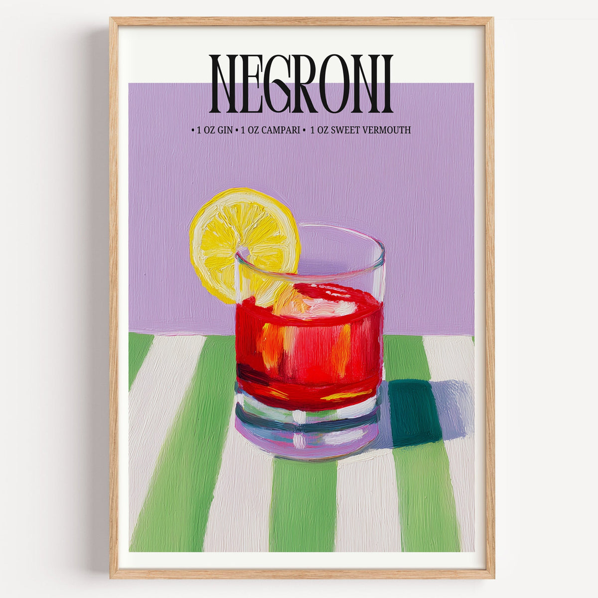 Negroni painterly lilac print in a light oak frame on a plain white wall
