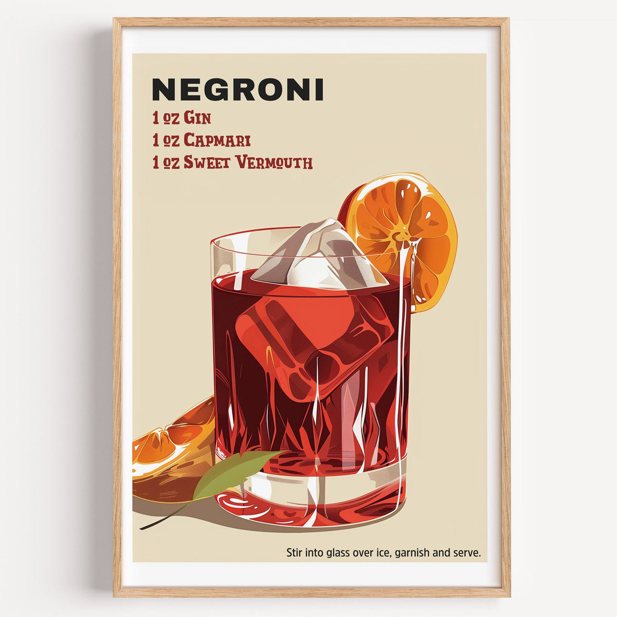 Negroni recipe cream print in a light oak frame on a plain white wall