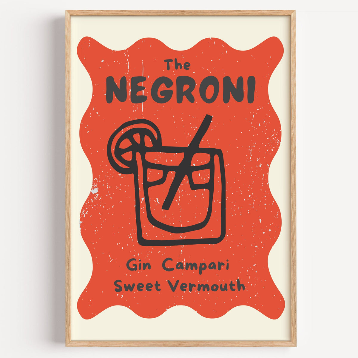 Negroni red wavy frame print in a light oak frame on a plain white wall