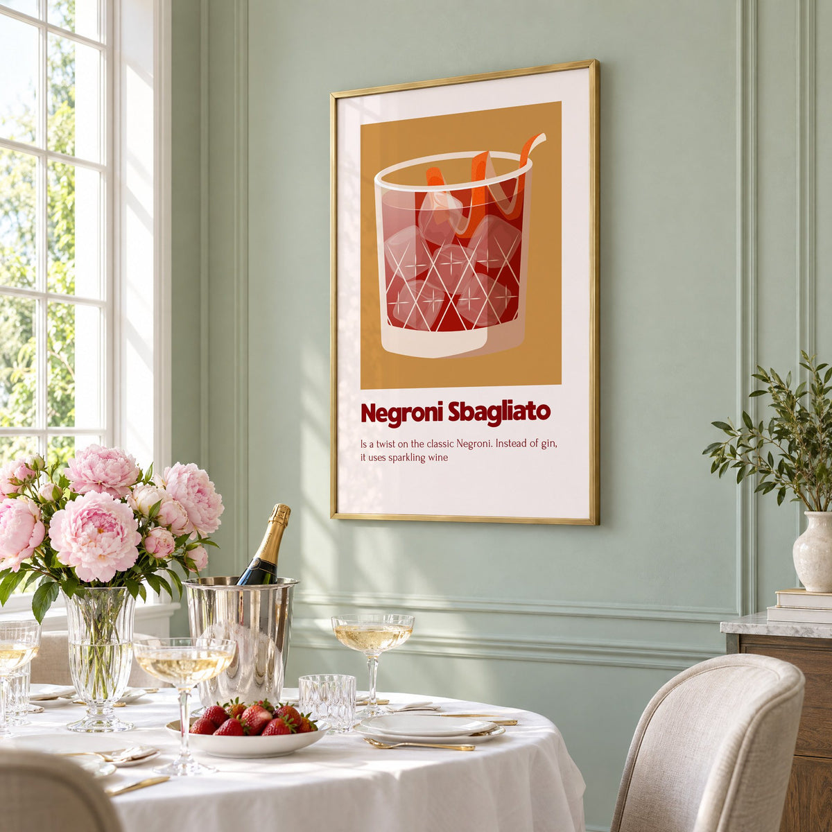 Negroni Sbagliato rocks glass ochre card print in a brass frame on a sage wall above a brunch table with champagne and peonies, seen at an angle