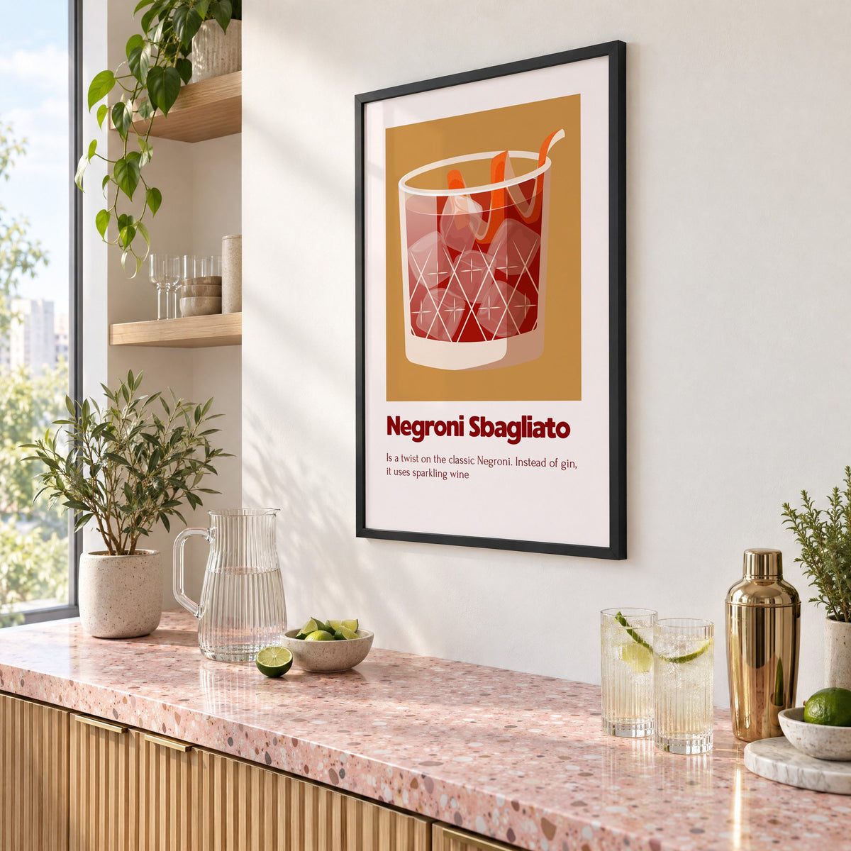 Negroni Sbagliato rocks glass ochre card print in a black frame above a pink terrazzo cocktail counter with limes, seen at an angle