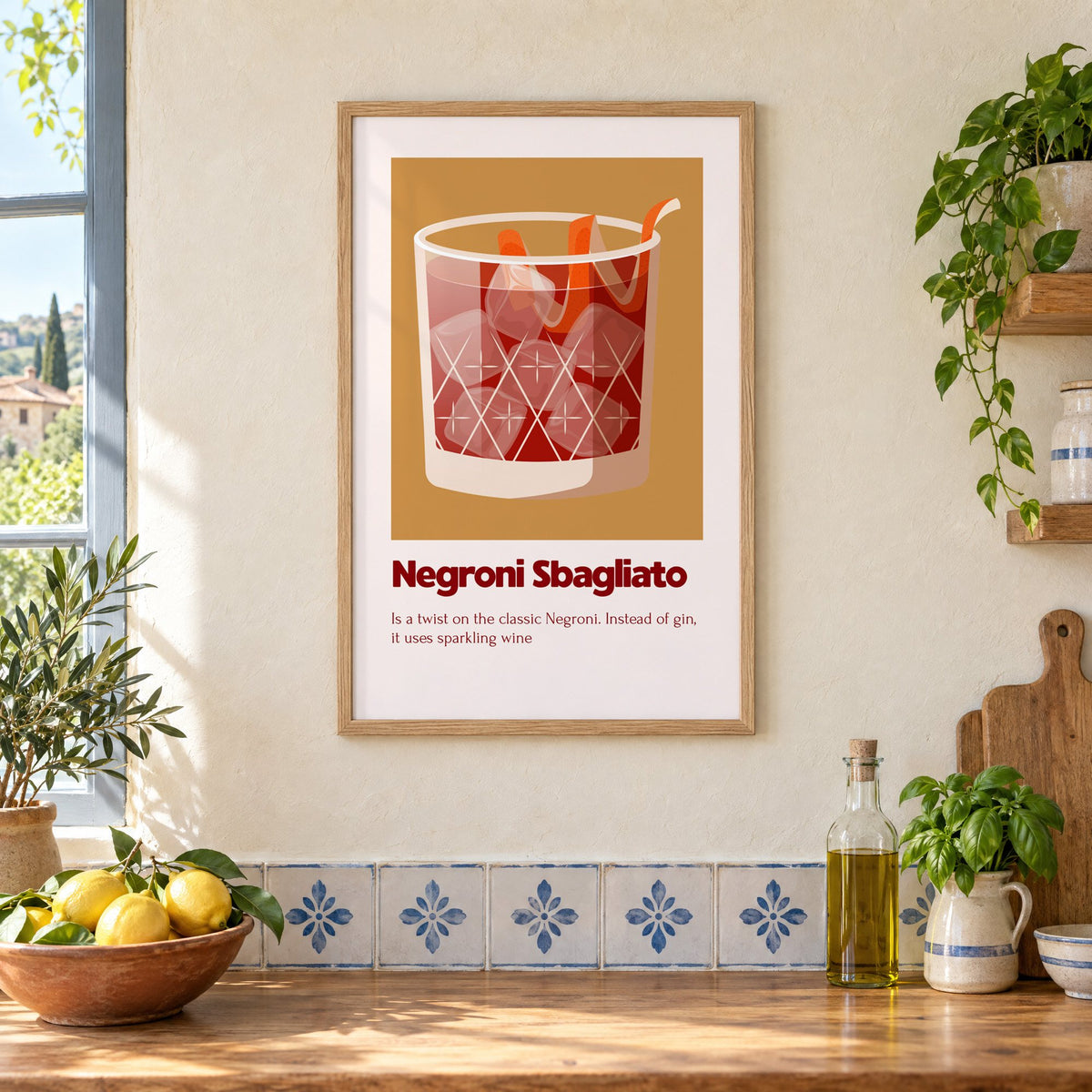 Negroni Sbagliato rocks glass ochre card print in an oak frame on a cream plaster wall above a worktop with a bowl of lemons and blue-and-white tiles