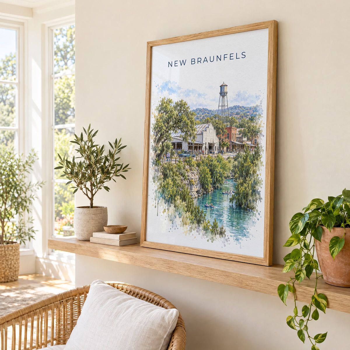 New Braunfels watercolor print in an oak frame on a picture ledge in a sunlit sunroom
