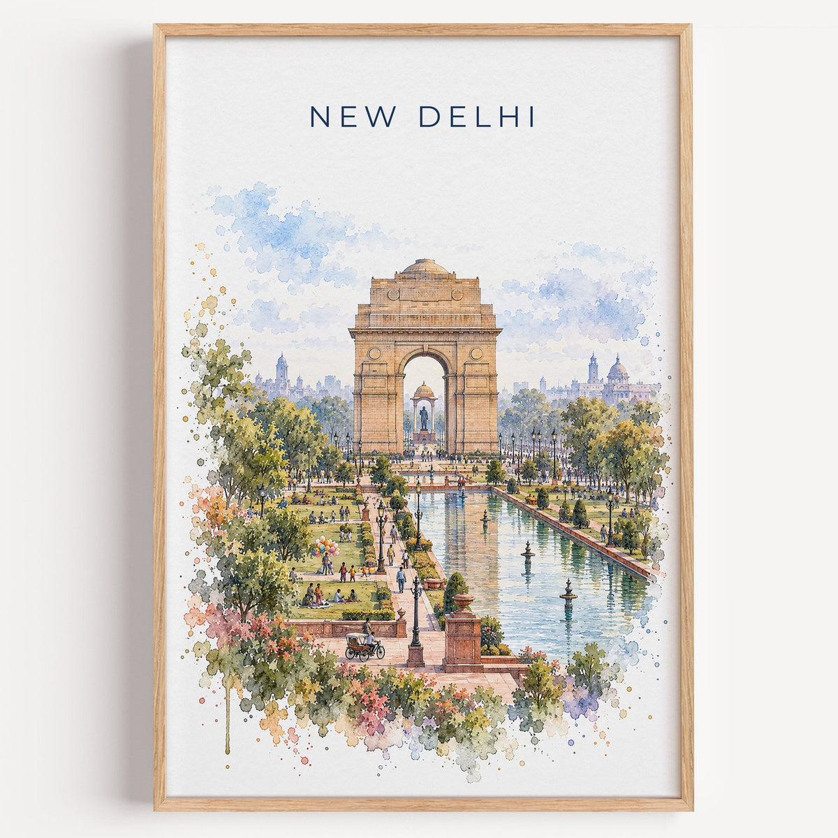 New Delhi watercolor print in a light oak frame on a plain white wall