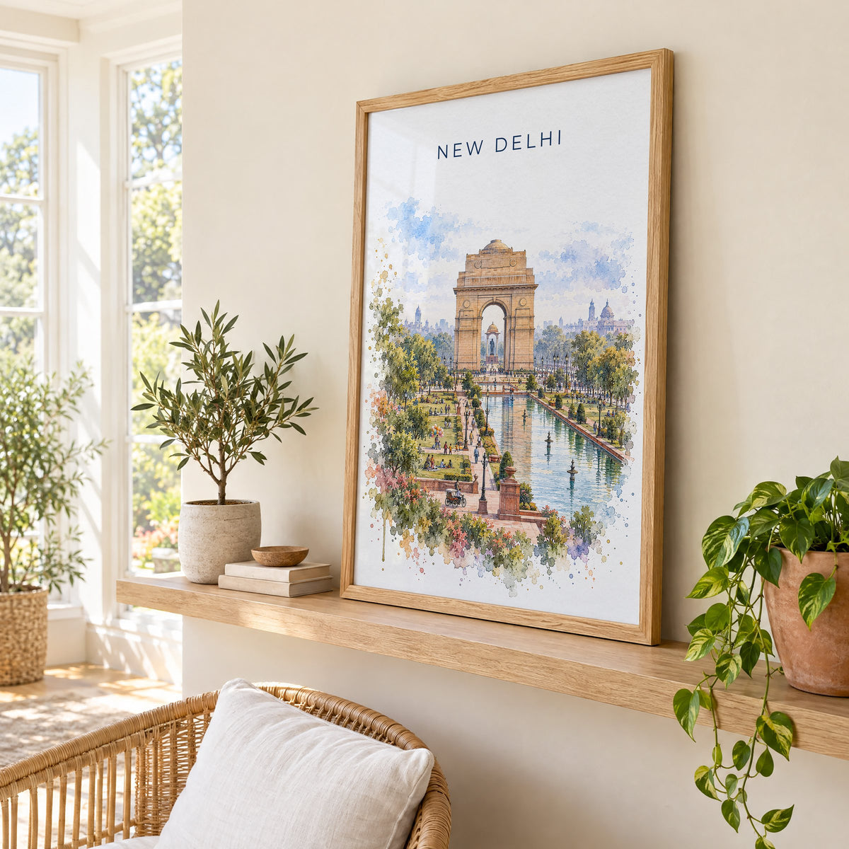 New Delhi watercolor print in an oak frame on a picture ledge in a sunlit sunroom