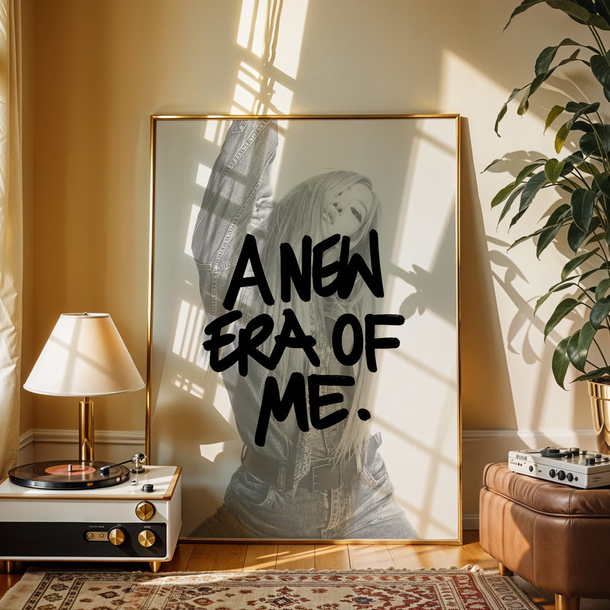 A new era of me lettering over woman in denim print shown in a gold frame beside a record player and table lamp