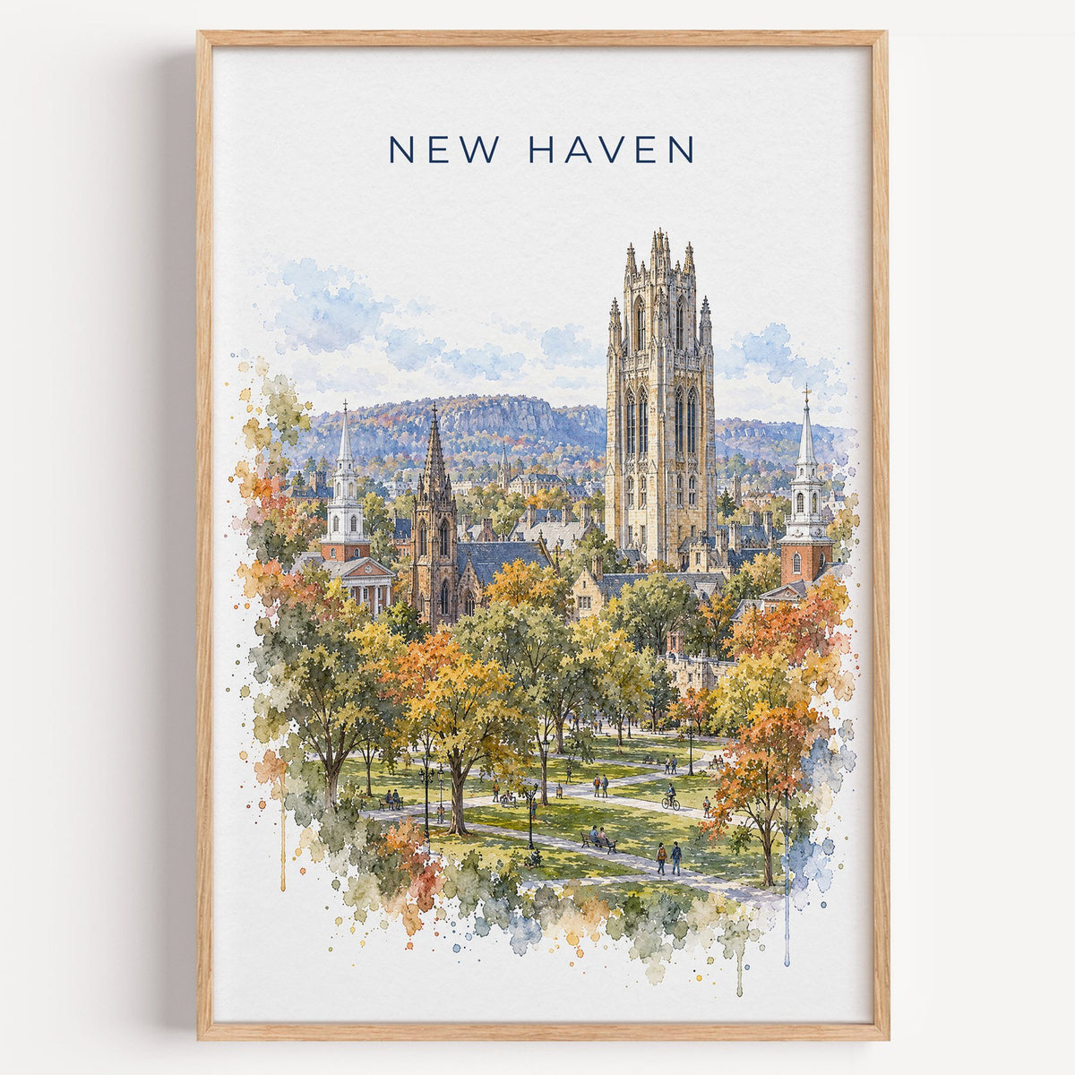 New Haven watercolor print in a light oak frame on a plain white wall