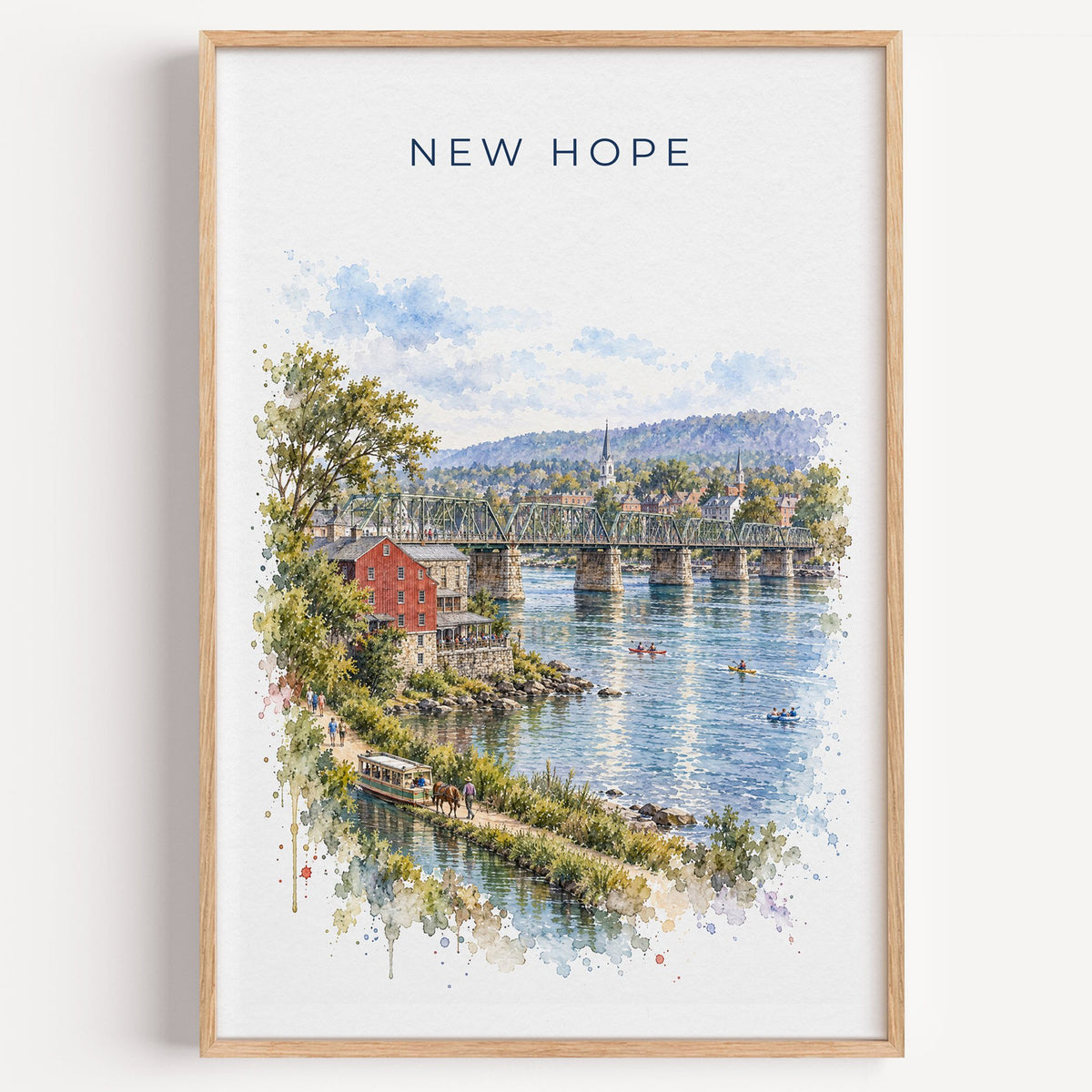 New Hope, Pennsylvania watercolor print in a light oak frame on a plain white wall