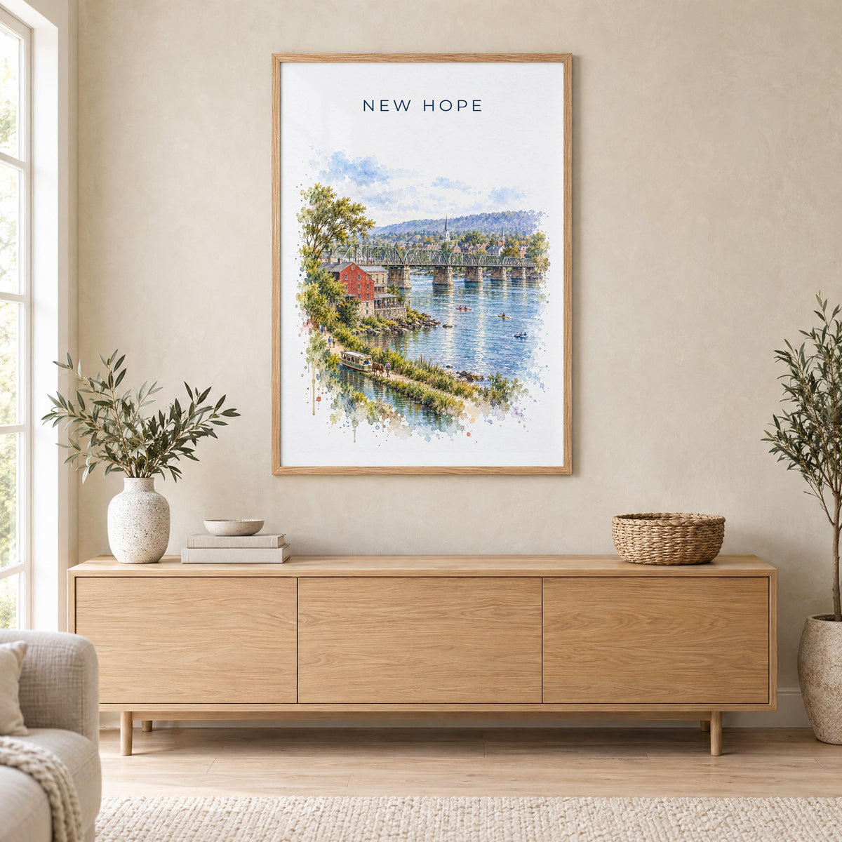 New Hope, Pennsylvania watercolor print in an oak frame above a light wood sideboard in a Scandinavian living room