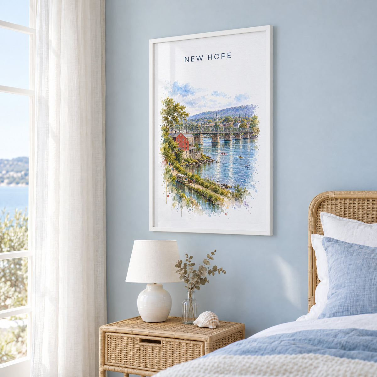 New Hope, Pennsylvania watercolor print in a white frame on a pale blue wall beside a rattan bed in a coastal bedroom